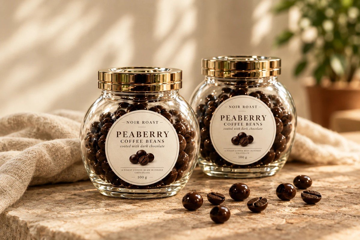 Two glass jars of peaberry coffee beans